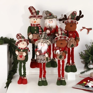 Christmas Telescopic Long Leg Plush Dolls Snowman Reindeer Santa Claus Ornament Plaid Cloth Xmas Indoor Home Decor Gift