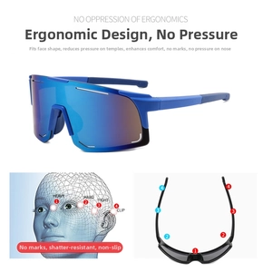 Detail of ergonomic blue sports sunglasses showing 3D pressure distribution and fit