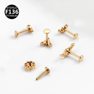 F136 Titanium gold piercing jewelry set featuring flower and leaf stud designs