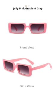 Macro view showing the front and side of rectangular jelly pink sunglasses with gray lenses