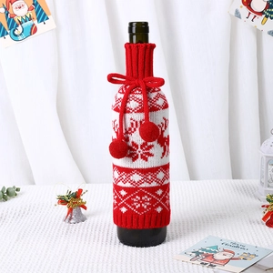 Christmas knitted wine bottle cover with red elk pattern and soft pom-poms decor