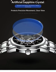 Detail showing the scratch-resistant sapphire crystal glass of the luxury men's watch