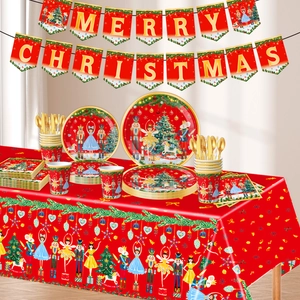 Macro detail of Nutcracker Christmas party tableware set including plates, cups and banner