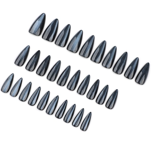 Set da 30 unghie finte blu cat-eye glitterate con forma a mandorla stiletto lunga