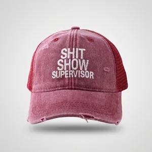 Distressed burgundy baseball cap with mesh back and white SHIT SHOW SUPERVISOR print