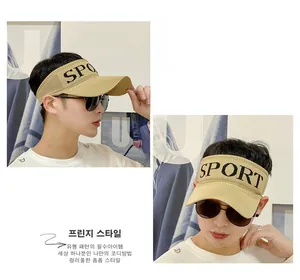 Detail of khaki knitted sport visor cap with breathable mesh and curved brim on male model