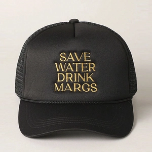 Black trucker hat with gold embroidery reading Save Water Drink Margs and mesh back