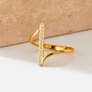 Geometric Vertical Bar Zircon Ring Stainless Steel Wave Design Minimalist Gold Silver Plated Jewelry For Women