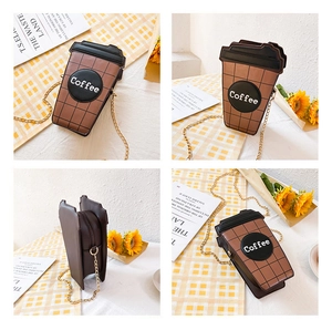 Detailed multi-angle views of coffee cup shaped crossbody bag with gold chain strap