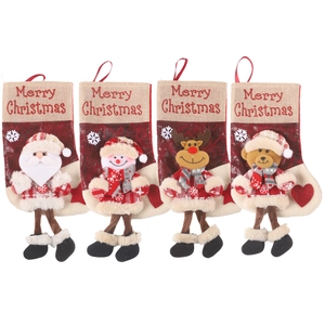 Set of four Christmas stockings with 3D Santa, snowman, elk, and bear hanging decorations