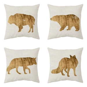 Set mit 4 beige Leinen-Kissenbezügen mit goldenen Tiersilhouetten für Heimdekoration