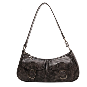 Vintage dark grey motorcycle shoulder bag with buckle pockets and metal chain strap