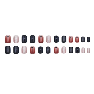 Set of 24 black, burgundy with heart patterns, and gold glitter press-on nails