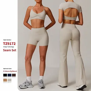 Ensemble de Yoga pour Femmes Top And Bottom Leggings Évasés Taille Haute et Soutien-Gorge Col en V Tenues d'Entraînement Slim Fit