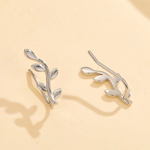 Minimalist S925 sterling silver leaf ear cuffs featuring a polished olive branch design
