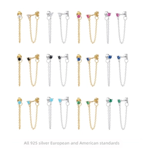 925 silver stud earrings set with colorful zircon stones and tassel chains in a grid view