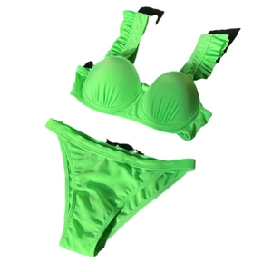 Neon green two-piece bikini set with ruffled wide straps and underwire support cups