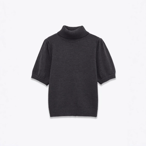 Women Turtleneck Knit Top Puff Short Sleeve Solid Color Elegant Pullover Sweater Grey Slim Fit Ribbed Hem
