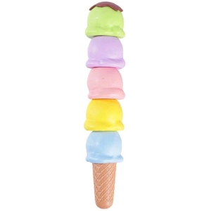 Close-up of a colorful stacked ice cream toy with green pink and blue scoops