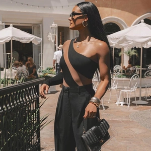 Women's black one-shoulder bodysuit with sheer mesh paneling and long sleeve