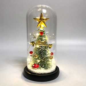 Close-up of a Christmas tree in glass dome with warm LED lights and golden star topper