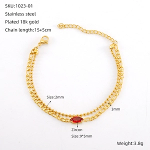 Detail showing 18k gold plated double layer bracelet with red zircon and size specifications