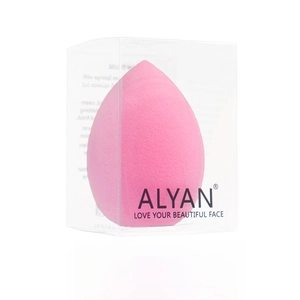 Pink teardrop makeup sponge displayed in a transparent box with elegant logo and reflection