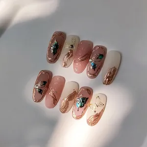 5D embossed 10pcs press-on nails with 3D gold butterflies pearls and pink glitter