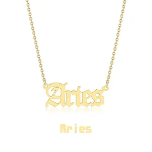 Detail of gold titanium steel necklace featuring an artistic Aries zodiac pendant