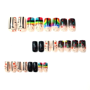 Rainbow gradient and polka dot square press-on nails set with geometric art patterns