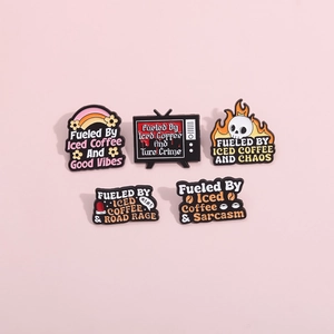 Set of 5 enamel pins featuring iced coffee slogans on a pink background for apparel decoration