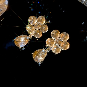 Detailed view of champagne crystal teardrop flower earrings with silver needle studs