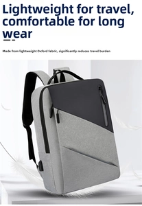 Detail of grey lightweight Oxford fabric business backpack with integrated USB charging port