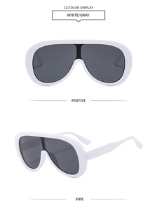 Front and side view of white oversized one-piece frame sunglasses with dark gray lenses