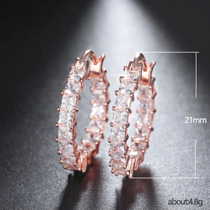 Luxury rose gold hoop earrings with square cubic zirconia stones measuring 21mm diameter