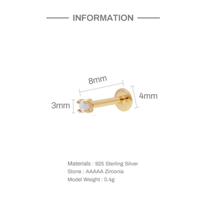 Detailed size specifications for S925 sterling silver stud earring with AAAAA zirconia