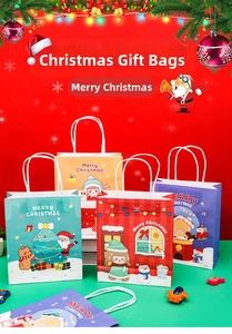 Detail view of festive Christmas gift bags with snowman and reindeer cartoon patterns
