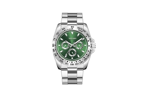 Detailed close-up of a silver steel watch featuring a green dial with tachymeter bezel