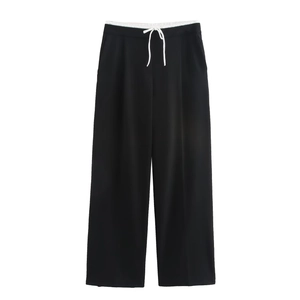 Women's stylish black high waist wide leg trousers with white contrast drawstring design