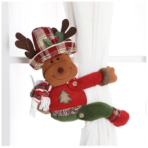 Detail of Christmas reindeer curtain buckle showing festive plush texture and knitted details