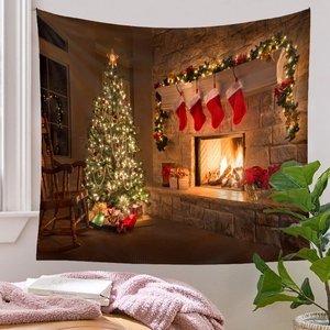 Cozy Christmas tree tapestry detail with a warm fireplace and holiday stockings scene