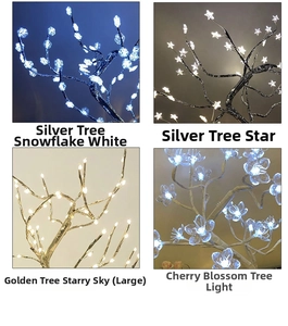 Close-up of four LED tree lamps with snowflake, star, pearl, and cherry blossom heads