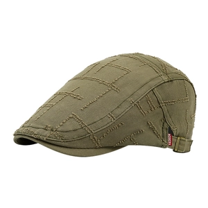 Army green vintage beret with distressed raw edge patchwork and adjustable buckle