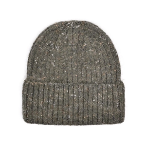 Close-up of thick ribbed knit texture on a dark green tweed beanie with colorful specks