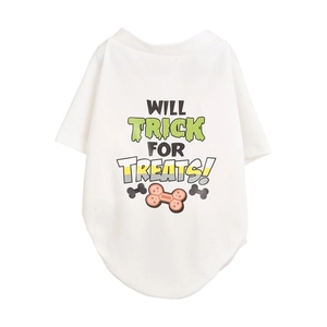 White breathable mesh pet T-shirt with Halloween Will Trick for Treats print