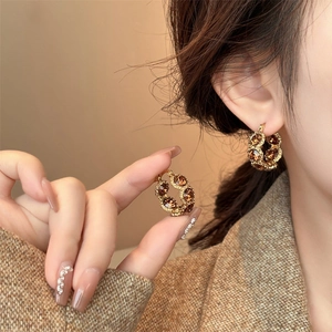 18k gold plated round earrings with amber brown rhinestones vintage aesthetic style