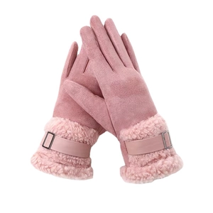 Pink thermal faux suede winter gloves for women with faux fur cuffs and metal buckle decor