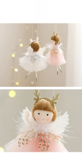 Detail of plush angel ornaments with sequin mesh skirts and feathers for Christmas trees