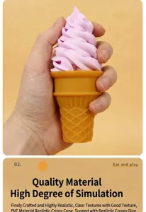 Macro shot of realistic pink cream swirl and detailed PVC waffle cone texture