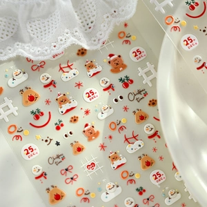 Cute Christmas nail stickers with 3D bears, reindeer and snowmen on white lace